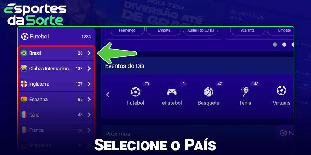 Selecione um tipo de país de competição no Esporte Da Sorte