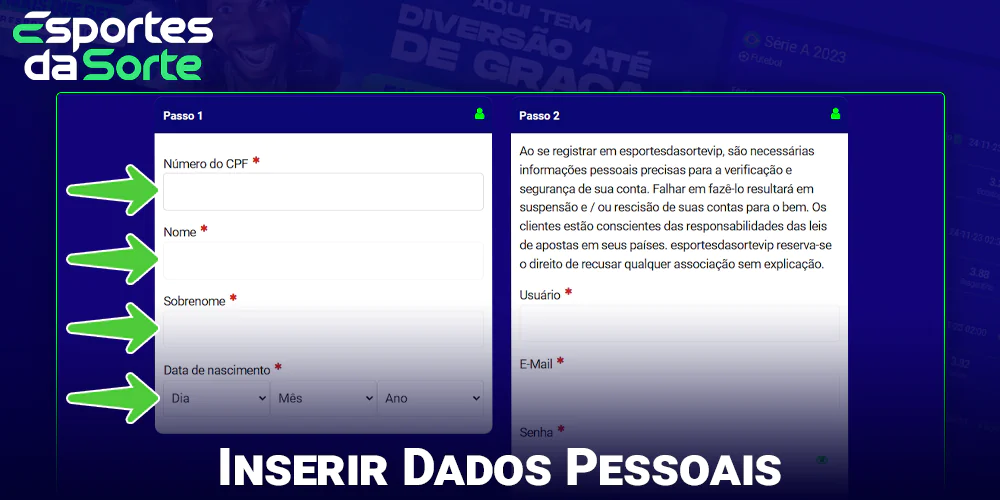 Digite seu número de CPF, nome, sobrenome e data de nascimento ao se registrar no site do Esporte Da Sorte