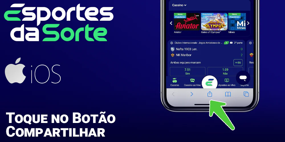 Clique no botão de compartilhamento no link do Esporte da Sorte em seu navegador de safári
